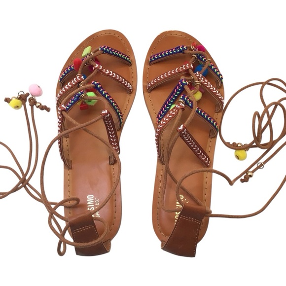 Mossimo Women’s Size 8.5 Gladiator Sandals Brown Boho Beaded Pom Pom Lace Up - Picture 11 of 12